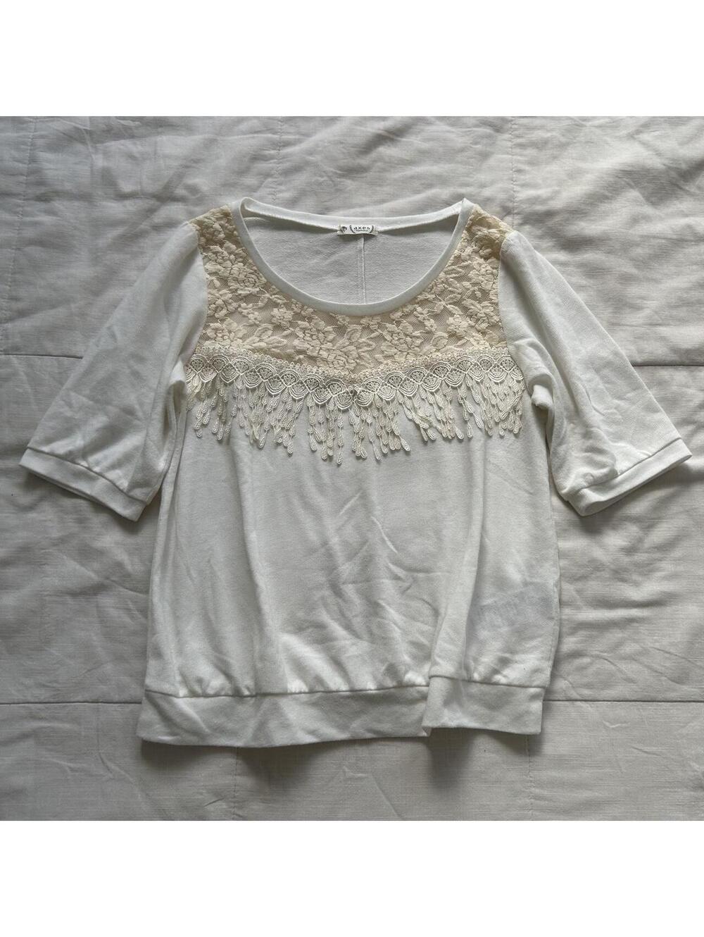 Axes Femme Ivory Lace Fringe Knit Top Himekaji Romantic Japan Size M